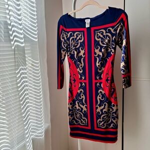 Cache Navy Red Tan Baroque Print 3/4 Sleeve Bodycon Dress Size Small
